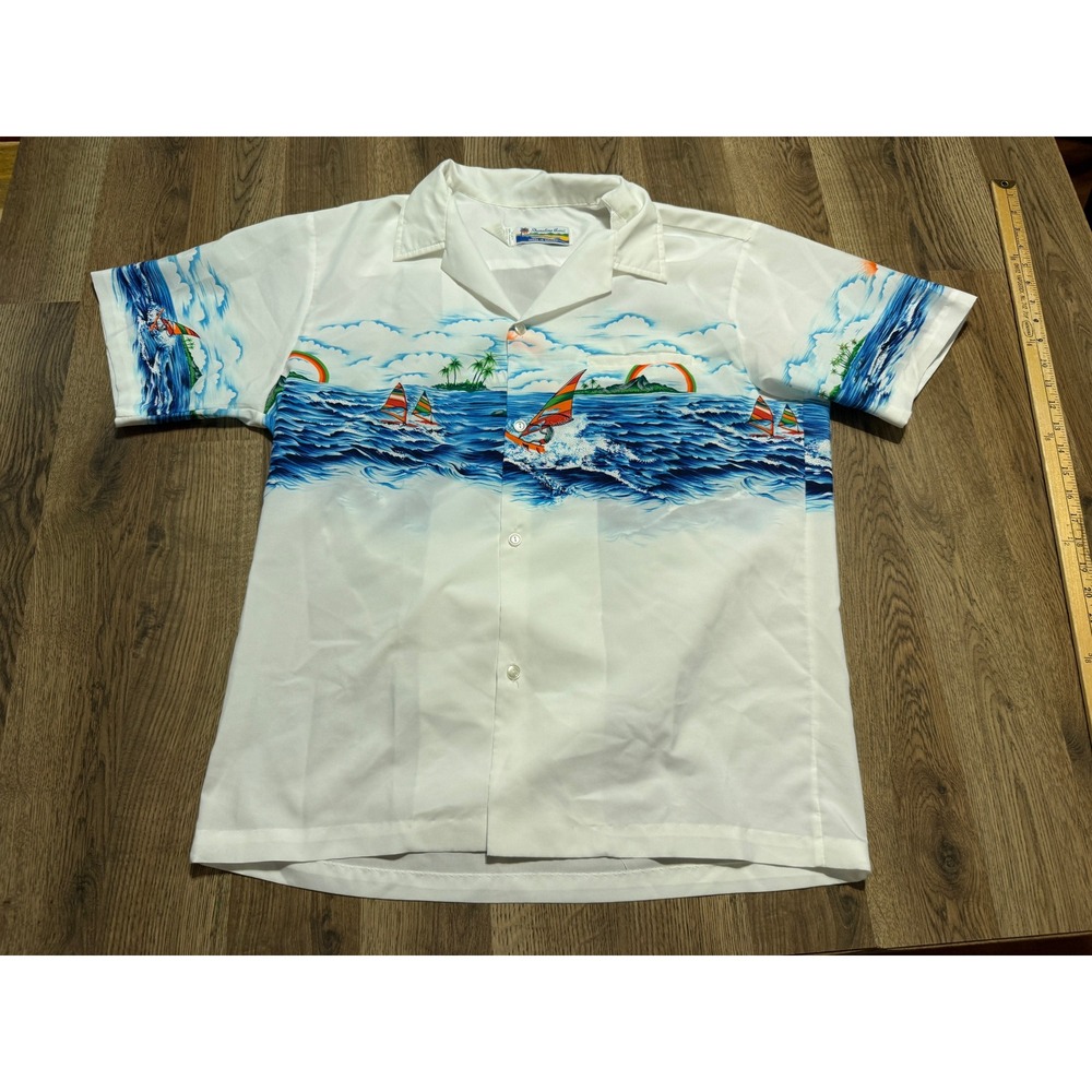 Shoreline Hawaii Shirt Mens Size L White Button Down Windsurfing Rainbow Ocean